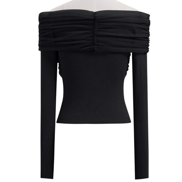 CHICWISH - Off-Shoulder Mesh Spliced Knit Top - Black - Size : S/M - Picture 6 of 7